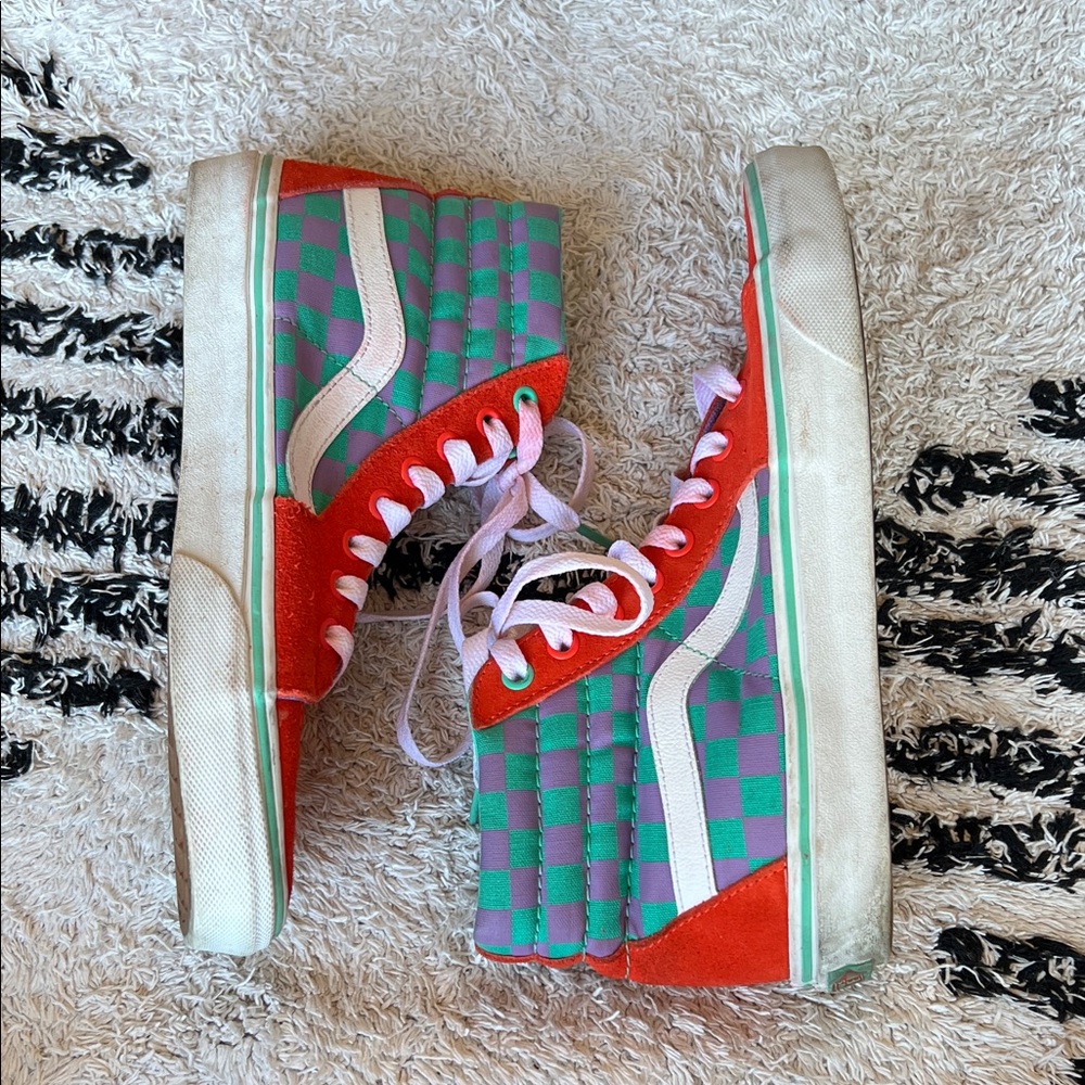 Vans - Orange, Teal and Purple Checkered High-Tops - Vans Sk8-Hi 'Crazy Check'